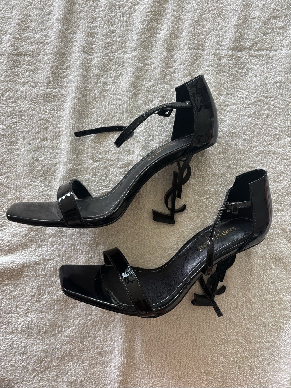 Saint Laurent Black Patent Opyum Logo Heel Sandals with Ankle Strap - Picture 2 of 6